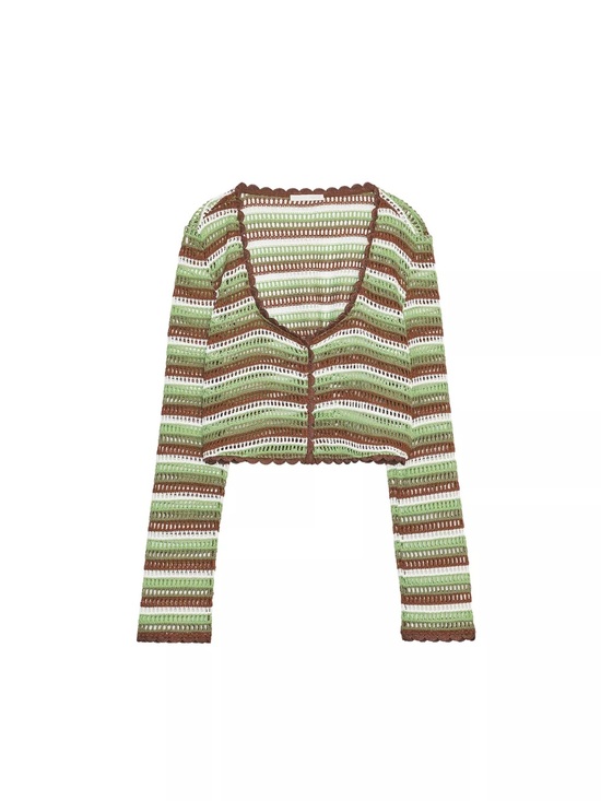 Zara Other - ZARA Striped Crochet V-Neck Button Cardigan - Green/Brown